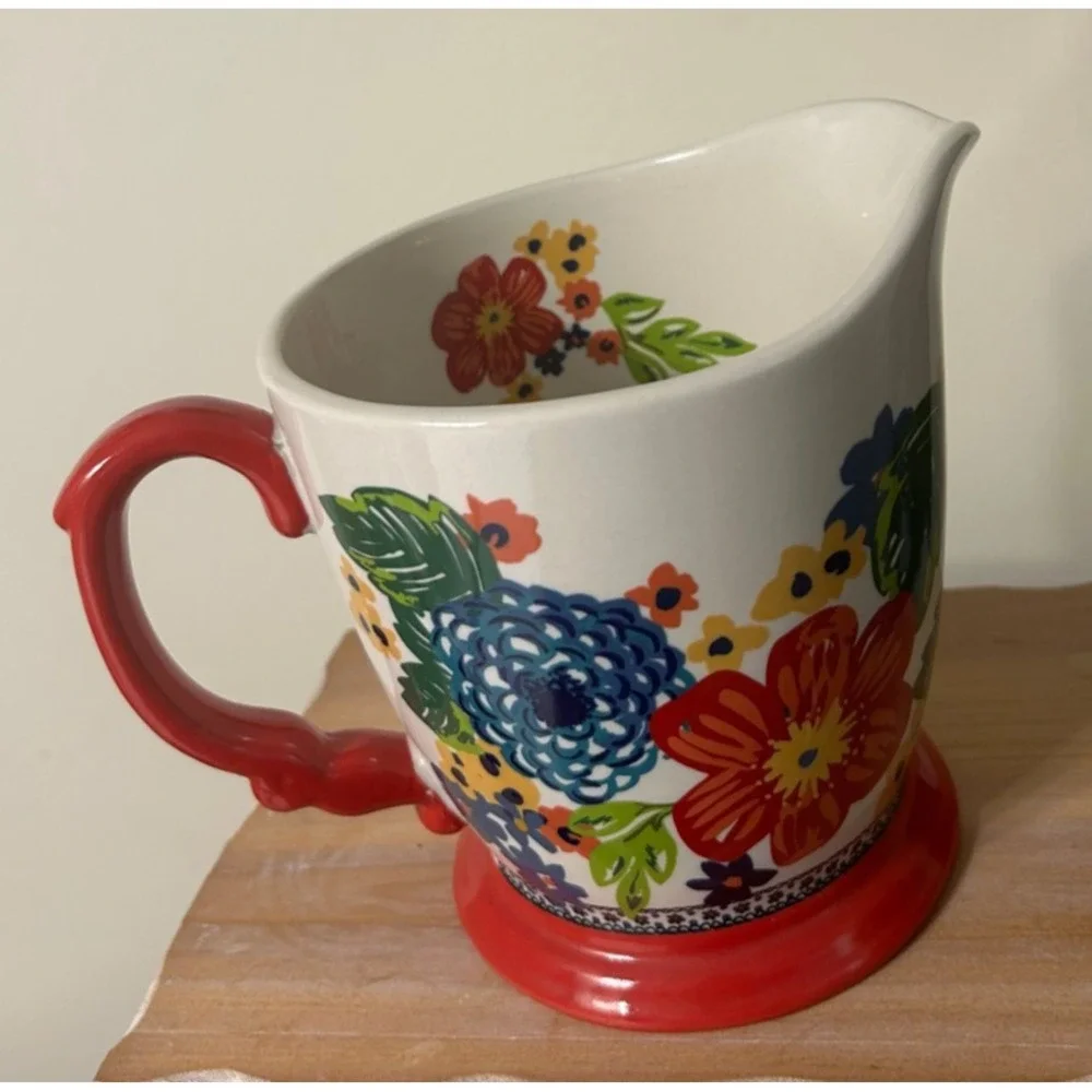 Pioneer Woman Dazzling Dahlias Stoneware 4 Cup Floral Pitcher Red Decor
